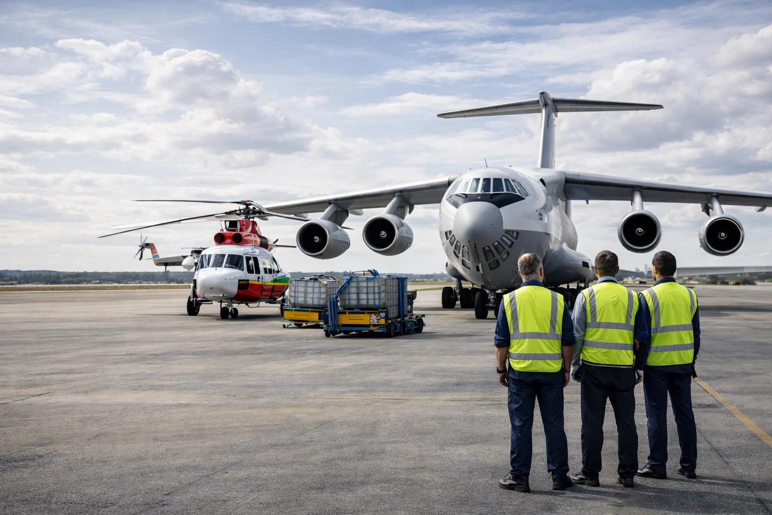 Cargo aircraft and helicopter on the apron with a ground crew briefing in the foreground.